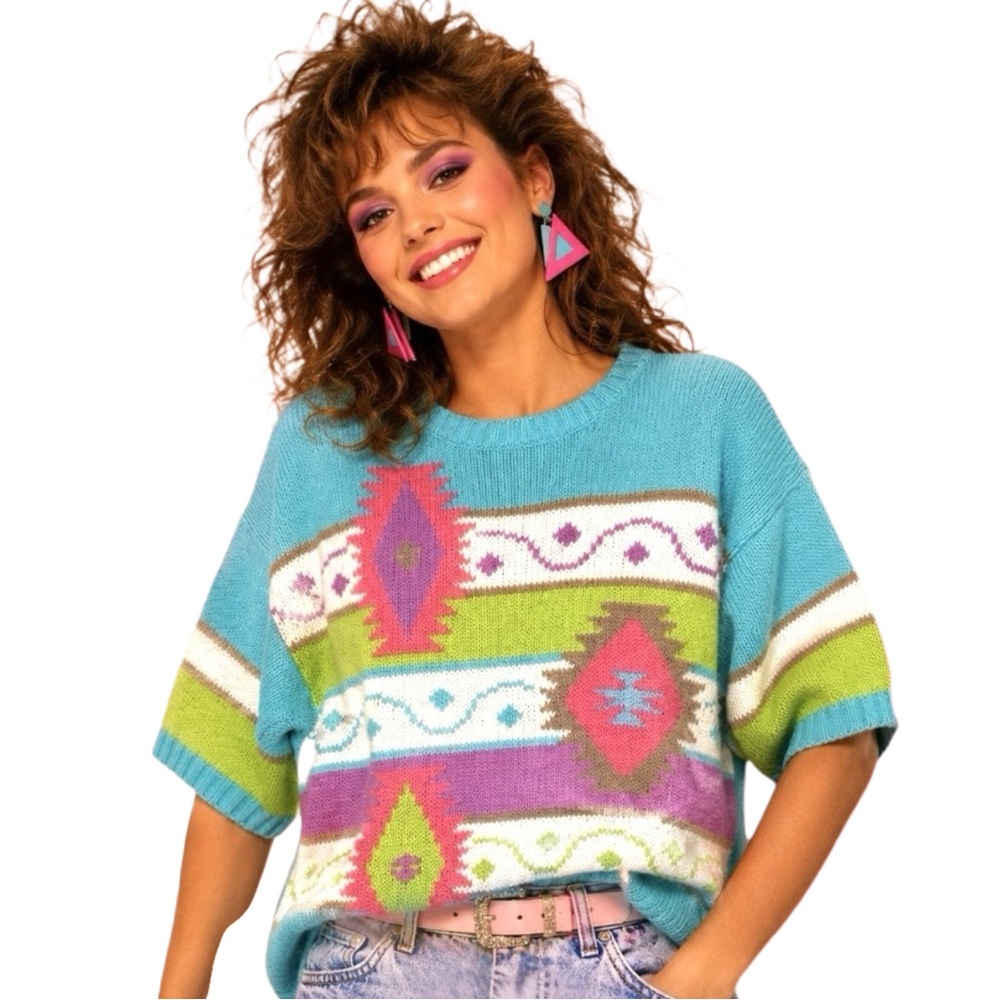 Vintage 80’s American Weekend Sweater Women’s Large Blue Colorful Knitted Granny